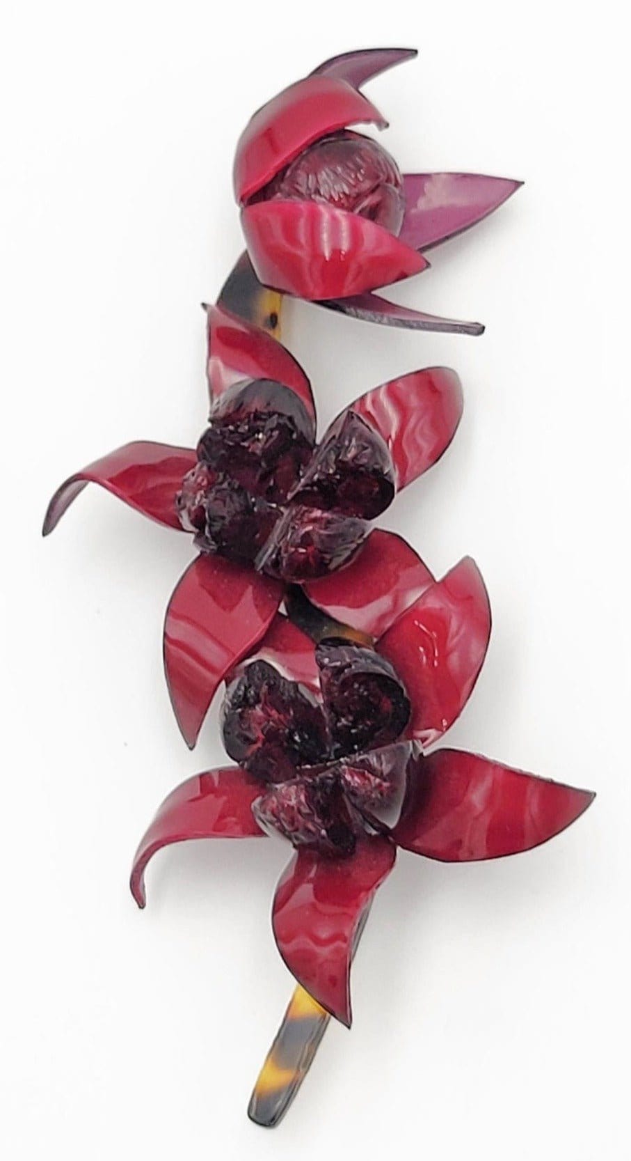 Cilea Paris Jewelry French Ciléa Paris Massive Tortoise & Burgundy Lucite Orchid Flower Brooch 1990s