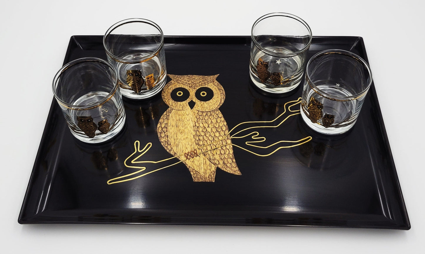 Couroc Serveware Couroc Melamine Owl Serving Tray and Culver 22kt Gold Rocks Glasses Set 1960's