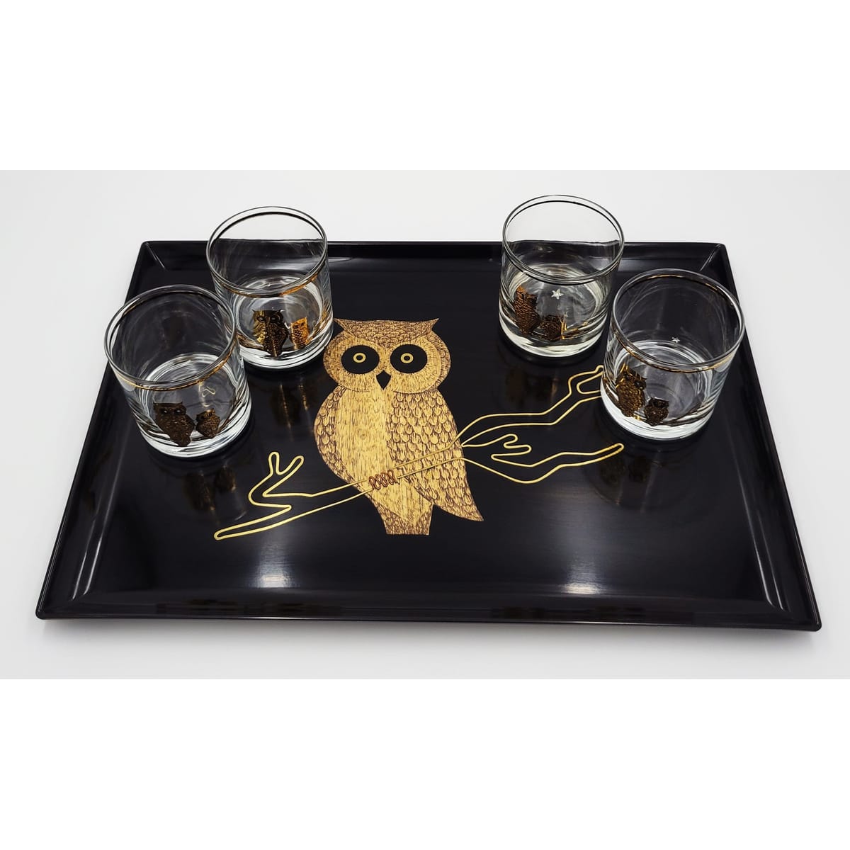 Couroc Serveware Couroc Melamine Owl Serving Tray and Culver 22kt Gold Rocks Glasses Set 1960&