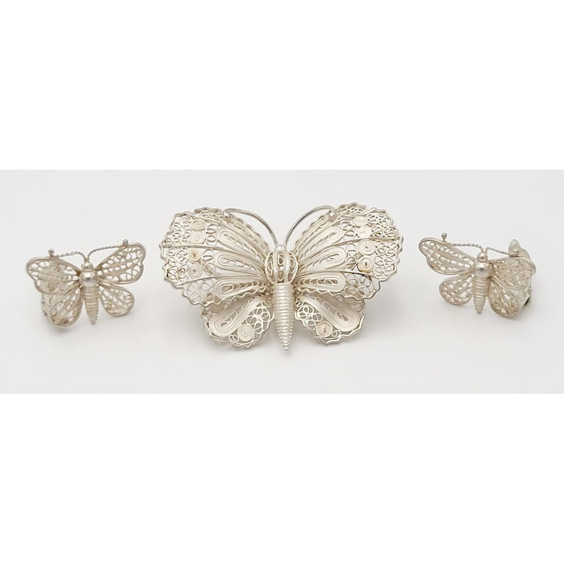 Danish Sterling Jewelry US Imported Danish Sterling Filagree Butterfly Brooch &amp; Earring Set Circa 1930s