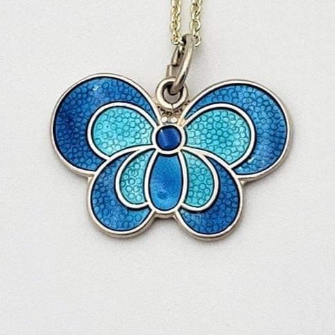 David Andersen Jewelry David Andersen Norway 925SS Blue Enamel Modernist Butterfly Pendant Necklace