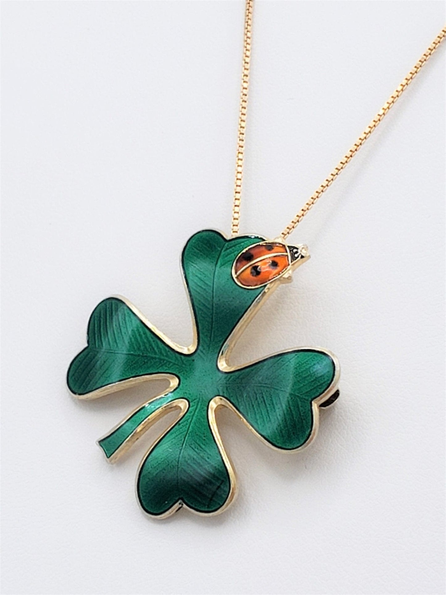 David Andersen Jewelry David Andersen Norway Large Shamrock Ladybug Necklace Very RARE 1950's