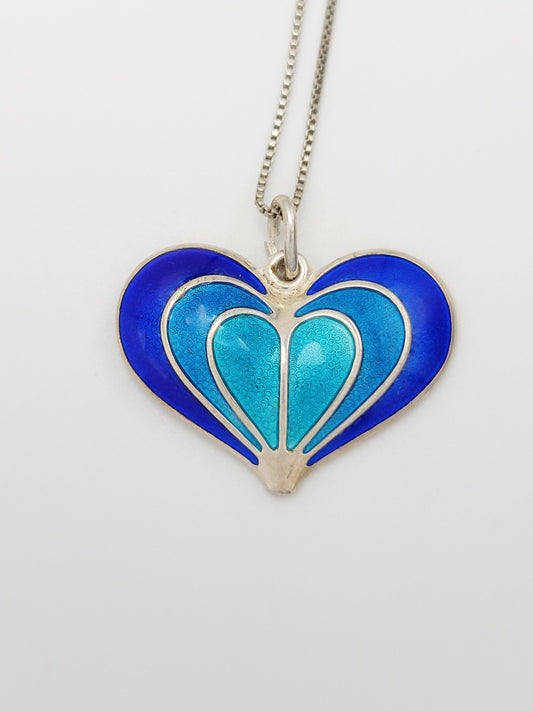 David Andersen Jewelry David Andersen Norway Sterling Blue Enamel Modernist Heart Necklace 1950s