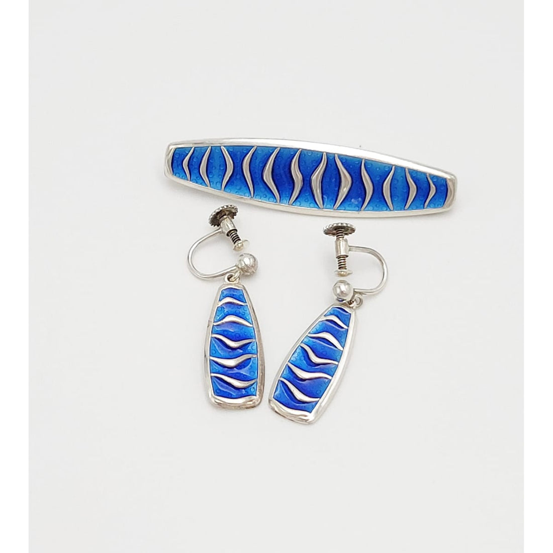 David Andersen Jewelry David Andersen Norway Sterling &amp; Blue Enamel Wavy Brooch &amp; Earrings Set 1960s