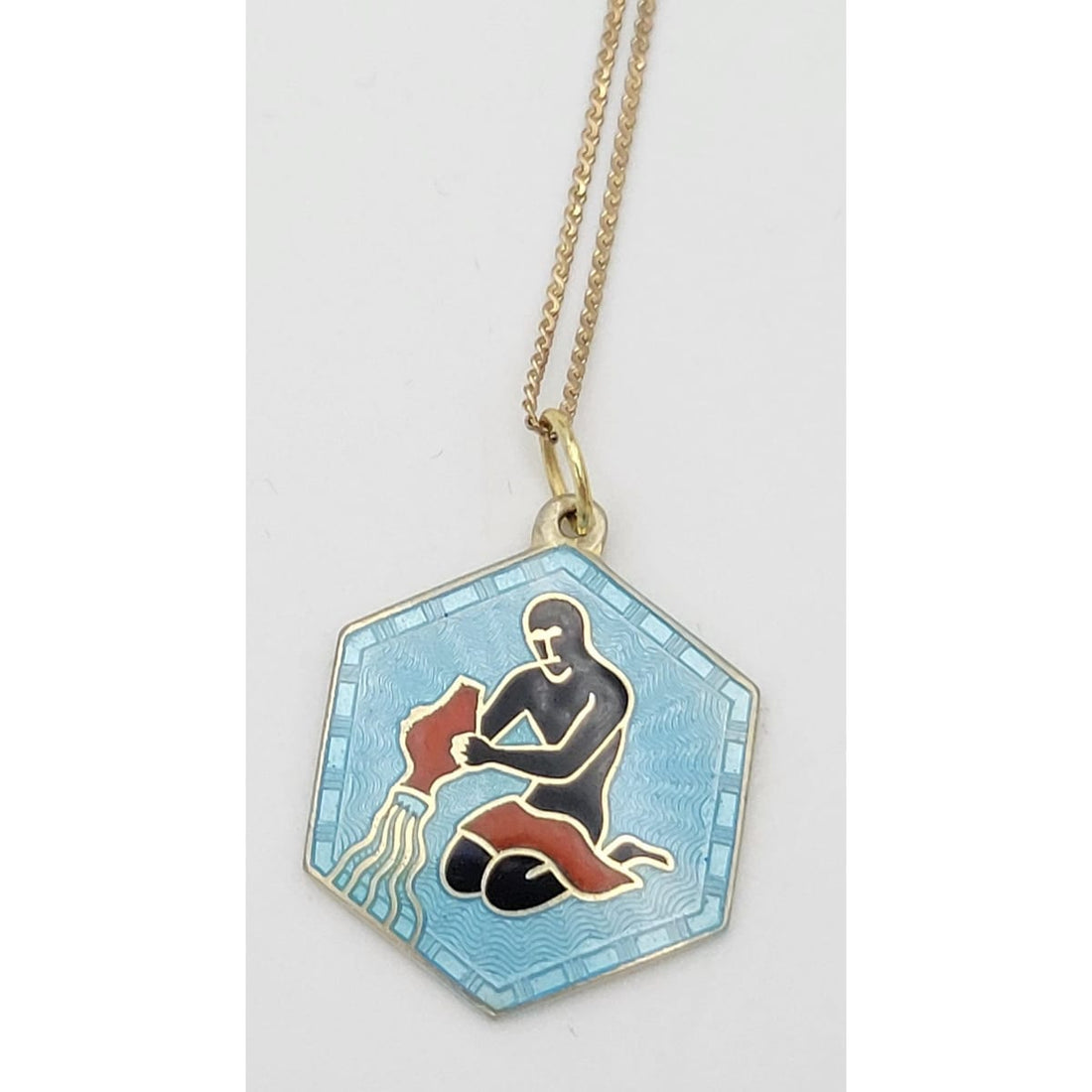 David Andersen Jewelry David Andersen Norway Sterling Enamel Astrology Aquarius Zodiac Necklace 1960s