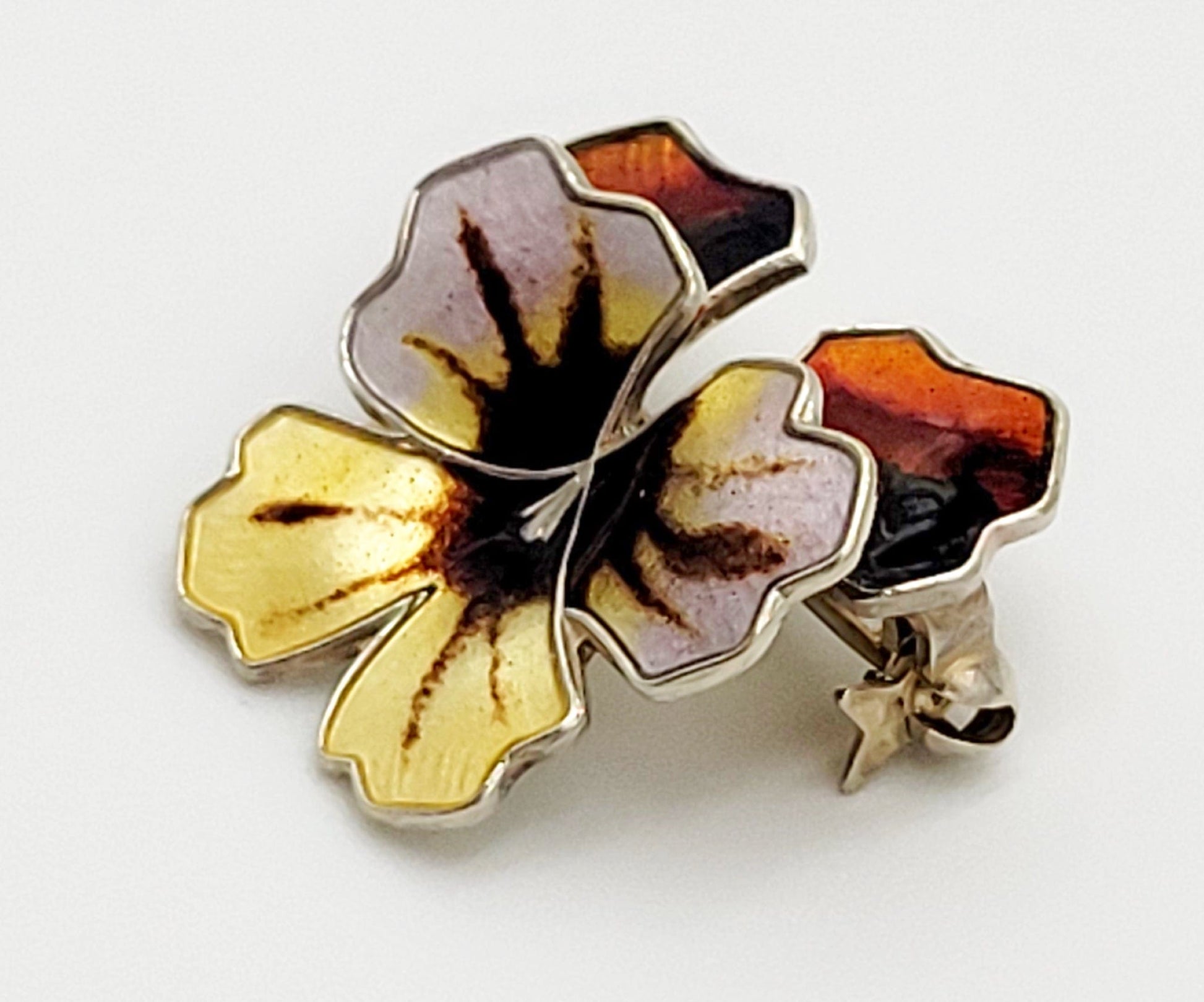 David Andersen Jewelry Norwegian David Andersen Sterling & Enamel Pansy Flower Brooch Pendant 1940s