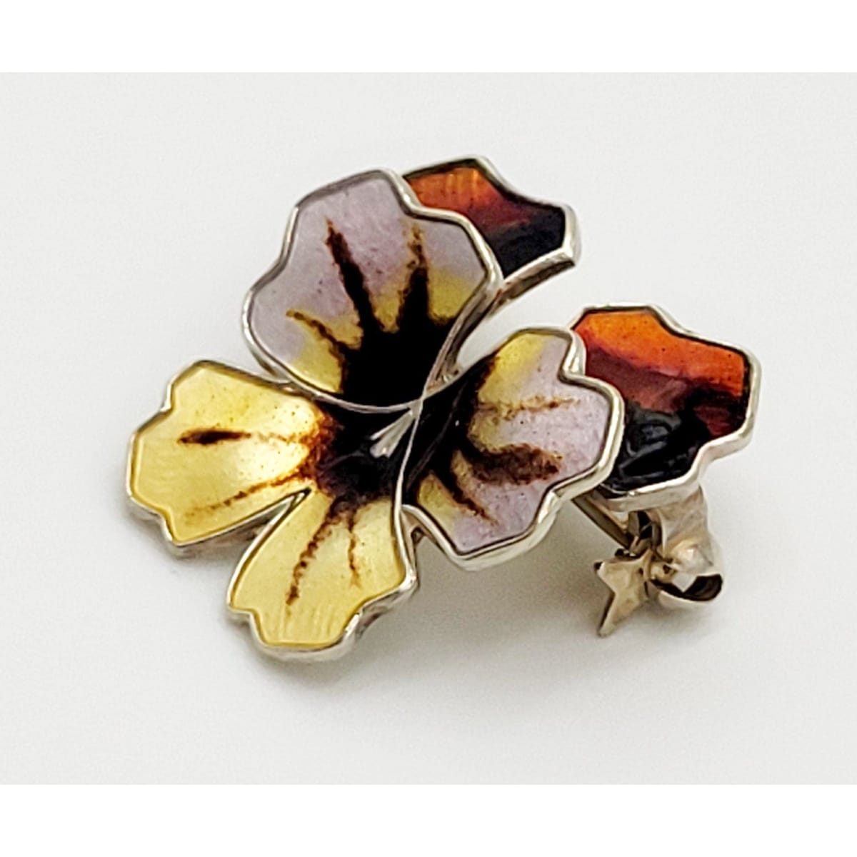 David Andersen Jewelry Norwegian David Andersen Sterling &amp; Enamel Pansy Flower Brooch Pendant 1940s