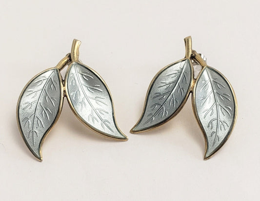 David Andersen Jewelry RARE David Andersen Willy Winnaess 925S Silver Enamel Leaves Pierced Earrings