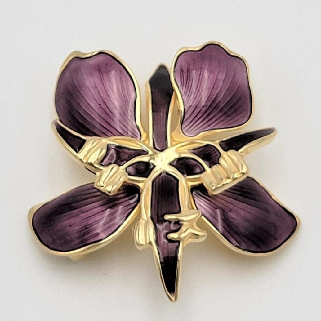 David Andersen Jewelry VTG David Andersen Norway Gilt 925SS Purple Enamel 3-D Orchid Flower Brooch