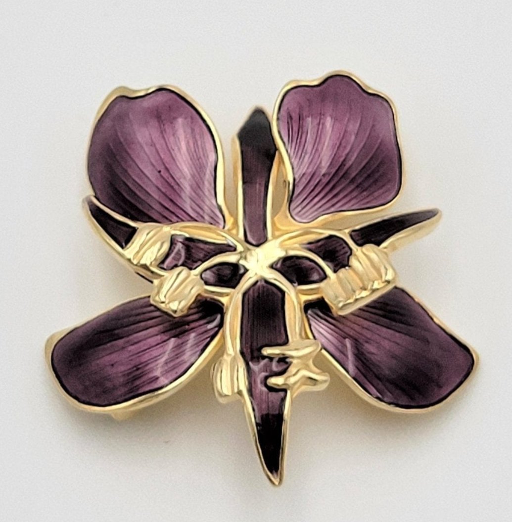 David Andersen Jewelry VTG David Andersen Norway Gilt 925SS Purple Enamel 3-D Orchid Flower Brooch