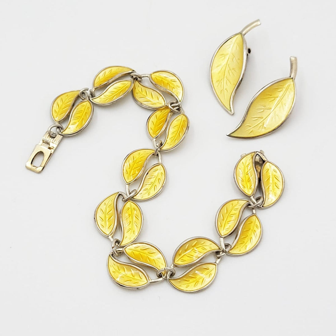David Andersen Jewelry WW David Andersen Sterling Yellow Enamel Leaf Bracelet Earrings Set 1950&