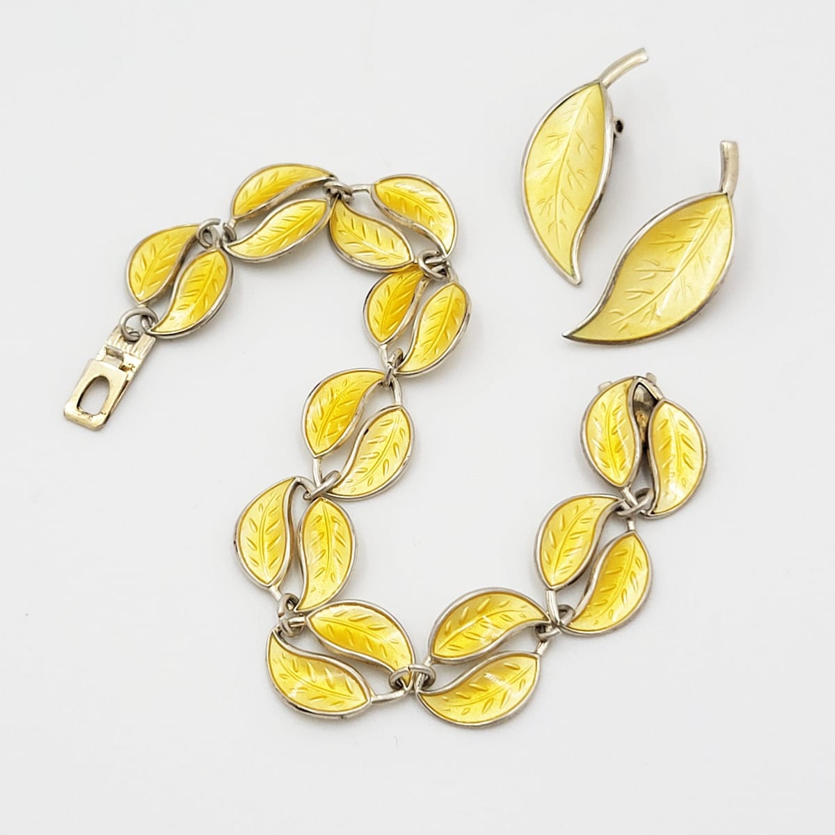 David Andersen Jewelry WW David Andersen Sterling Yellow Enamel Leaf Bracelet Earrings Set 1950&