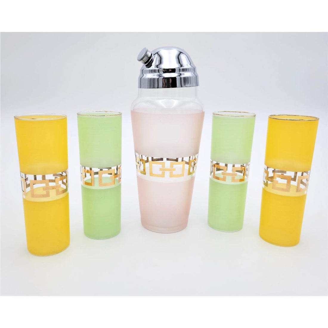 Derby Shelton Barware Rare Derby Shelton Silver 22kt Greek Key Oversized Shaker &amp; Frosted Glass Set 50s