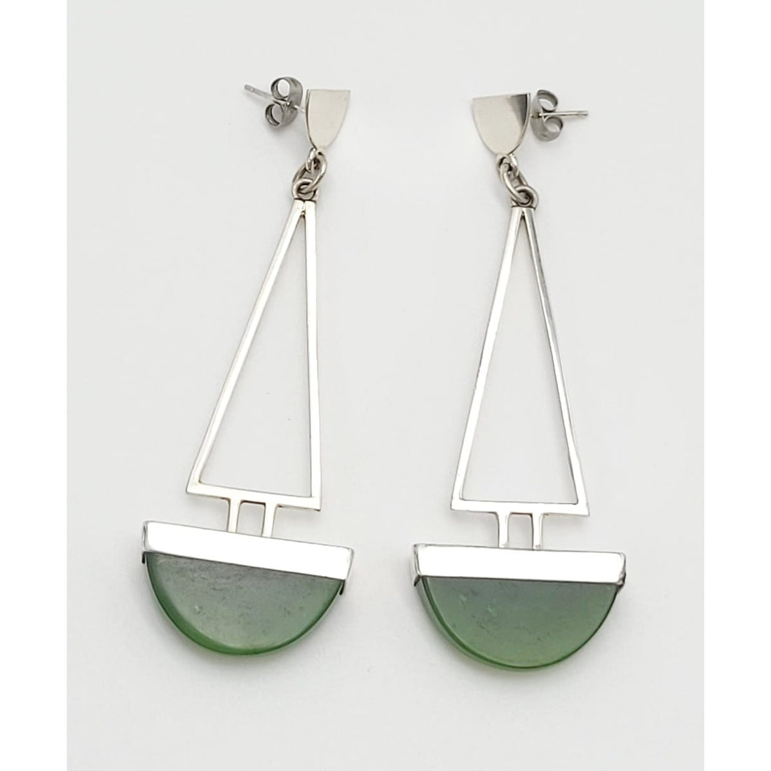Designer Earrings Jewelry Vintage Sterling Silver &amp; Jade Designer Modernist Long Dangle Earrings