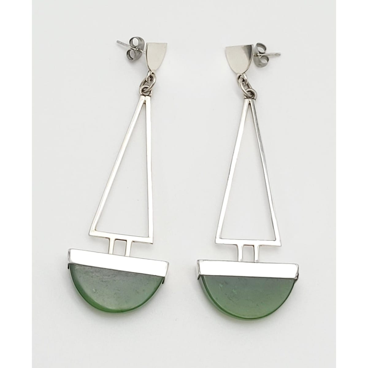 Designer Earrings Jewelry Vintage Sterling Silver &amp; Jade Designer Modernist Long Dangle Earrings