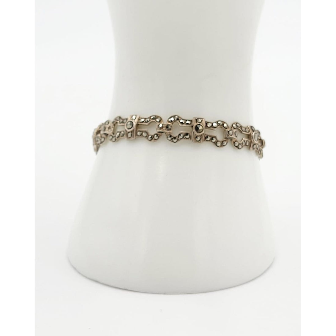 MP Netherlands Jewelry Dutch Designer Sterling &amp; Chocolate Marcasite Art Deco Panel Links Bracelet 1959
