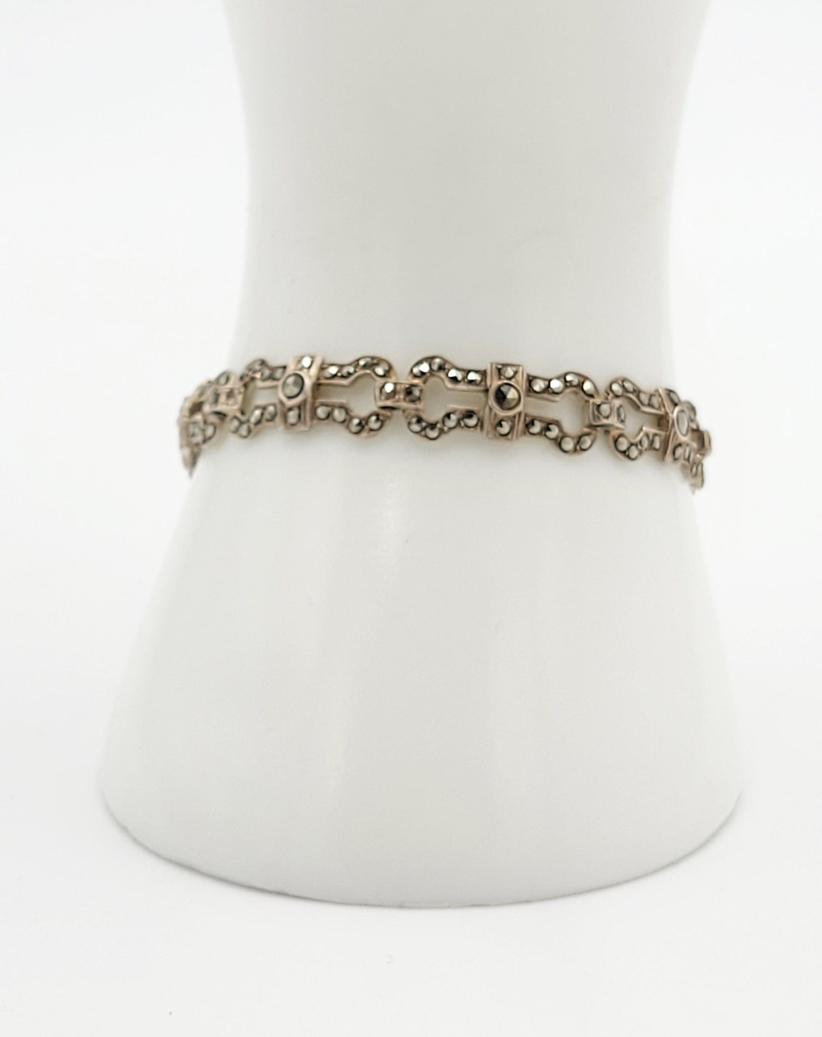 MP Netherlands Jewelry Dutch Designer Sterling & Chocolate Marcasite Art Deco Panel Links Bracelet 1959