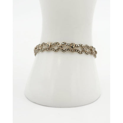 MP Netherlands Jewelry Dutch Designer Sterling &amp; Chocolate Marcasite Art Deco Panel Links Bracelet 1959