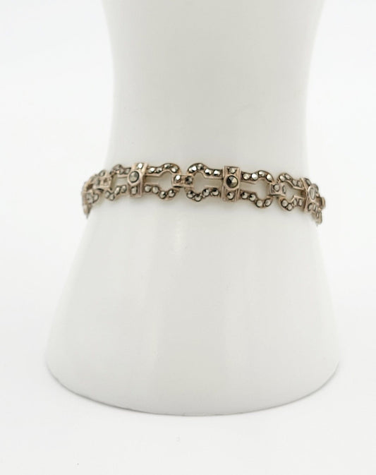 MP Netherlands Jewelry Dutch Designer Sterling & Chocolate Marcasite Art Deco Panel Links Bracelet 1959
