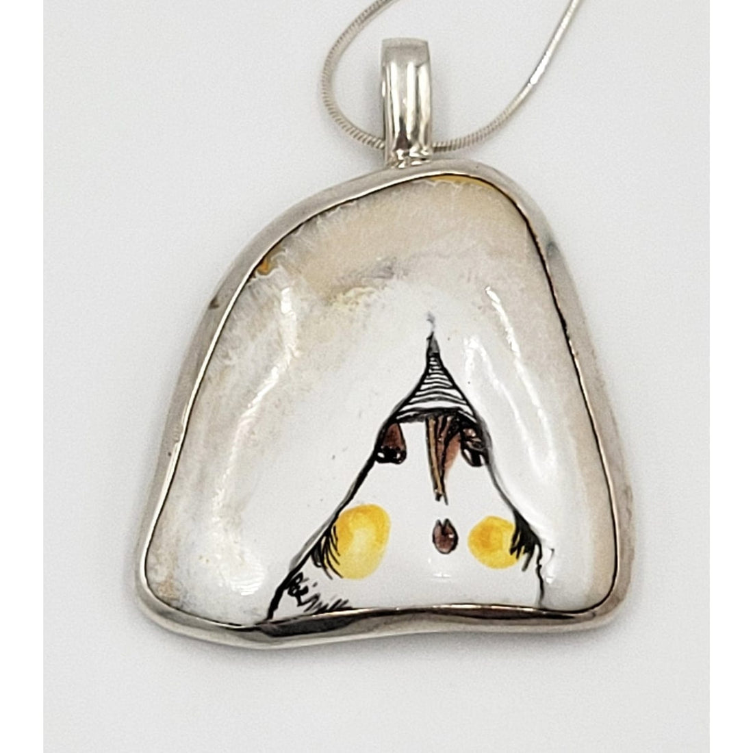 ED Poland Jewelry Vintage Polish Sterling Silver &amp; Enamelled Porcelain Modernist Female Face Pendant Necklace