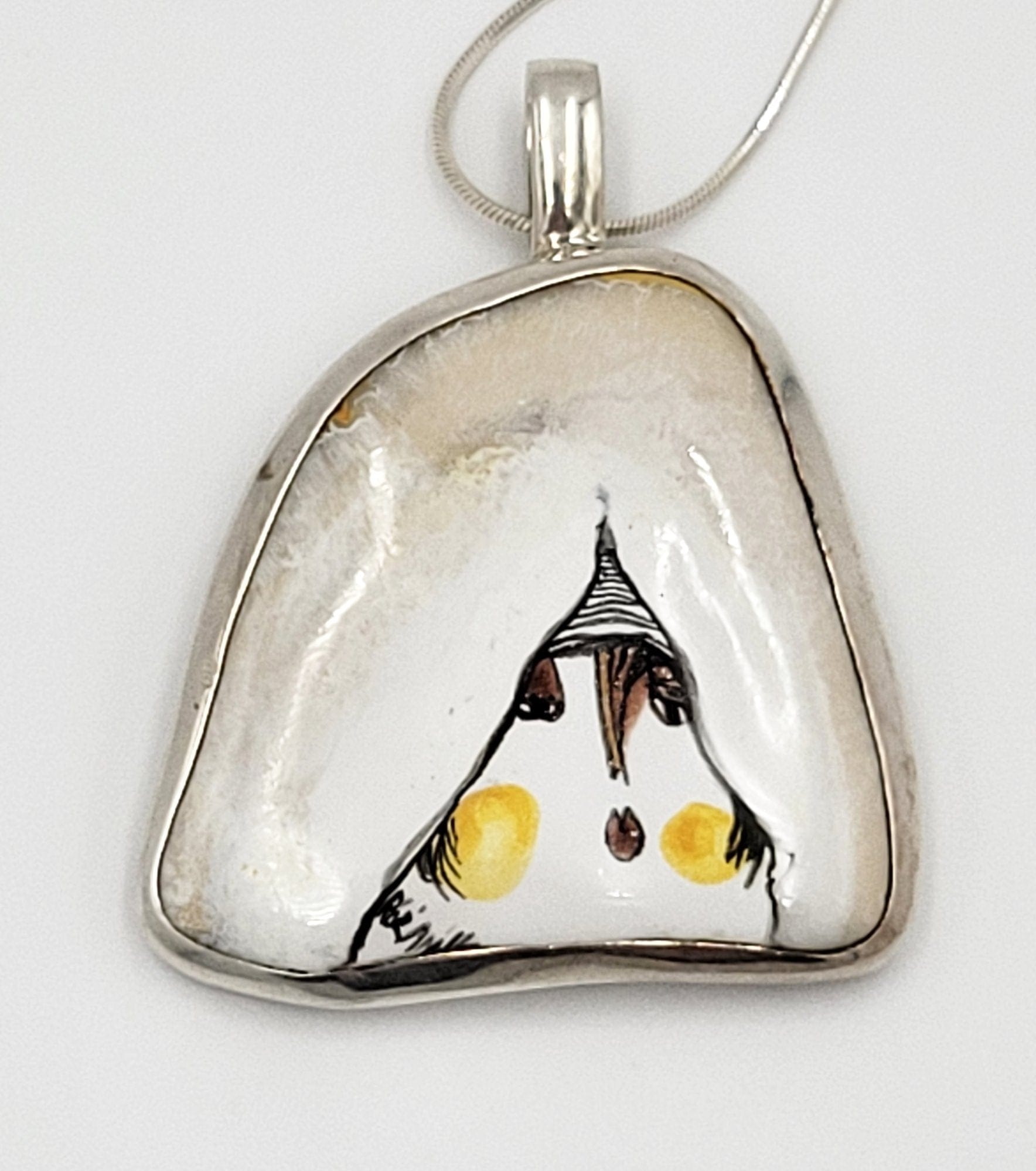 ED Poland Jewelry Vintage Polish Sterling Silver & Enamelled Porcelain Modernist Female Face Pendant Necklace