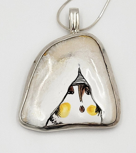 ED Poland Jewelry Vintage Polish Sterling Silver & Enamelled Porcelain Modernist Female Face Pendant Necklace