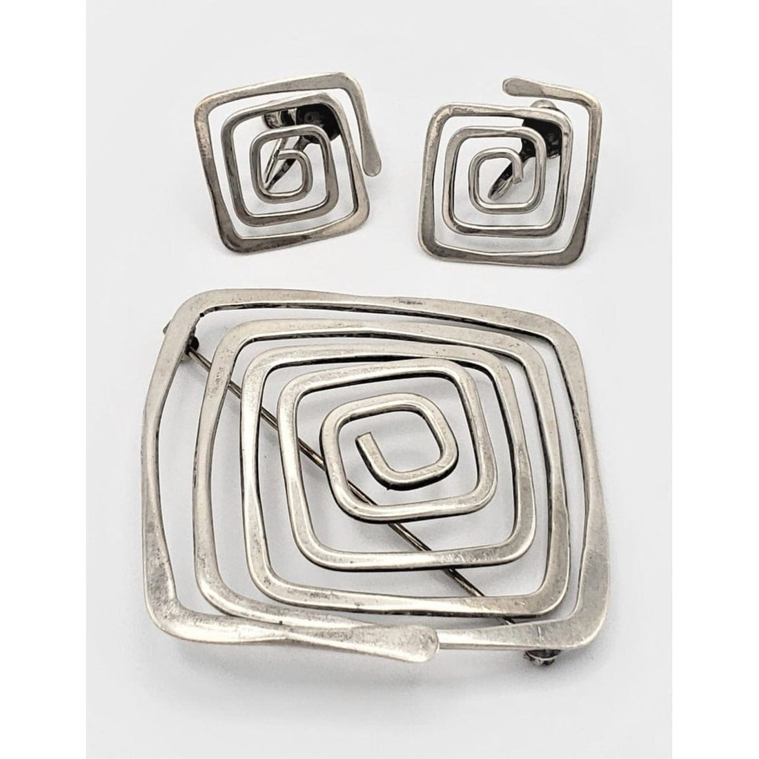 Ed Wiener Jewelry Iconic Ed Wiener Sterling MODERNIST Spiral Square Brooch &amp; Earring Set 1950s