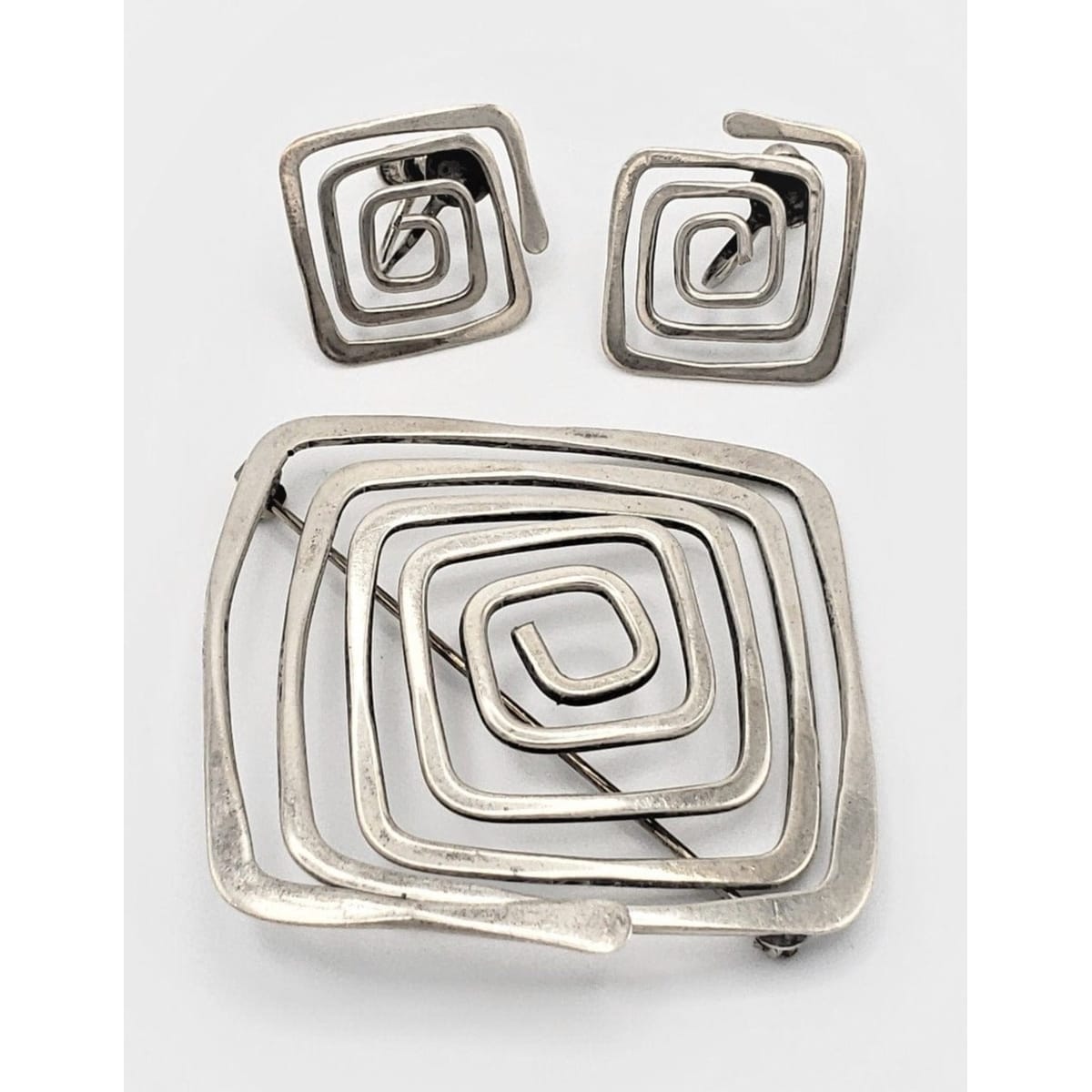 Ed Wiener Jewelry Iconic Ed Wiener Sterling MODERNIST Spiral Square Brooch &amp; Earring Set 1950s