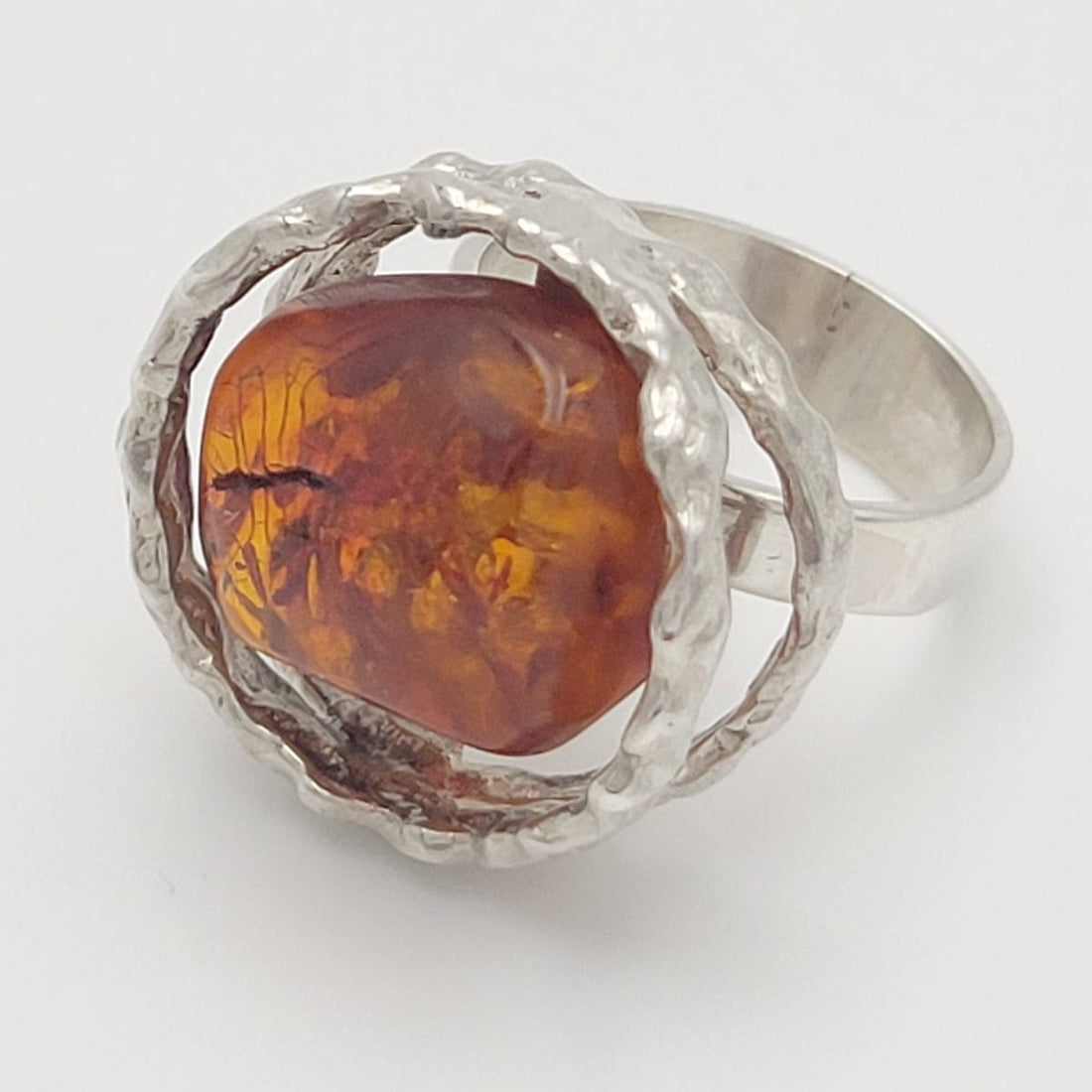EF Denmark Jewelry Designer Sterling Silver &amp; Amber Statement Cocktail Ring Signed 1960&