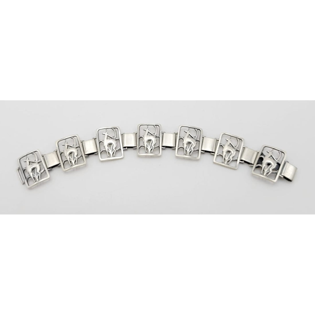 Eiler Marloe Jewelry Danish Eiler &amp; Marloe Art Deco Leaping Deer Gazelle Sterling Panel Link Bracelet 1940s