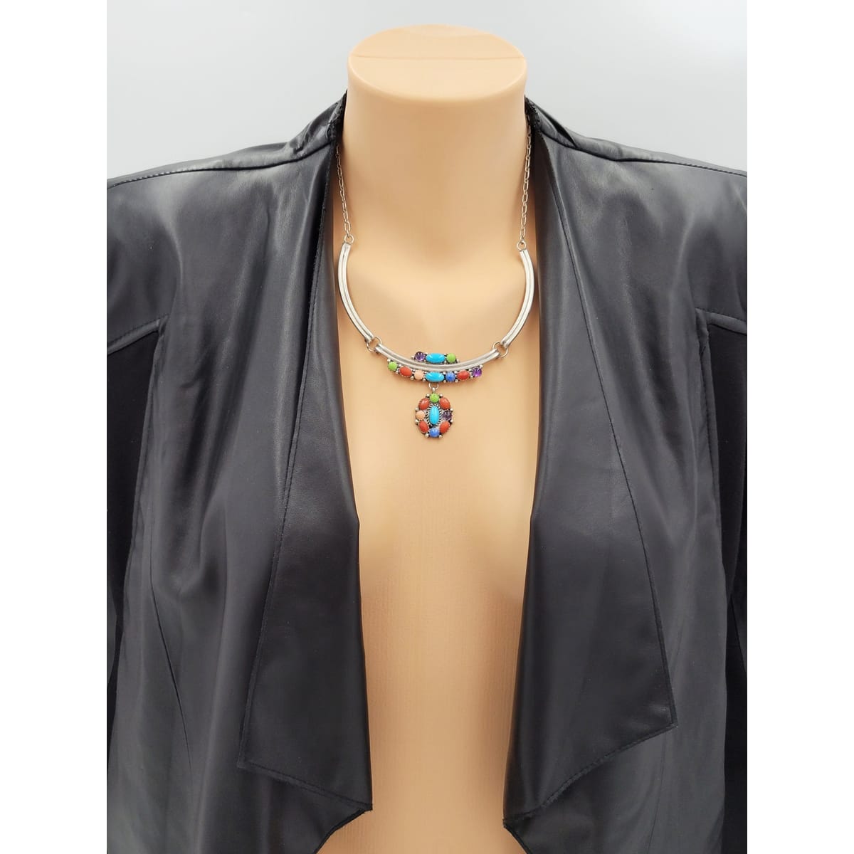 Etsitty Jewelry NAVAJO Elizabeth Etsitty Sterling Multi-Precious Stone Large Statement Necklace