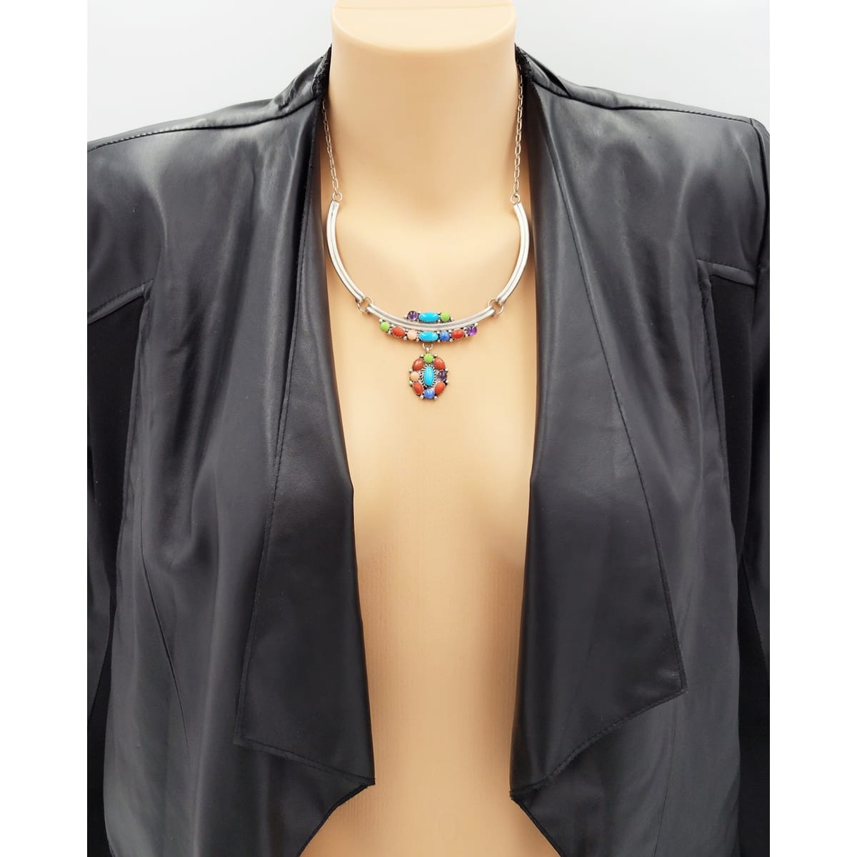 Etsitty Jewelry NAVAJO Elizabeth Etsitty Sterling Multi-Precious Stone Large Statement Necklace