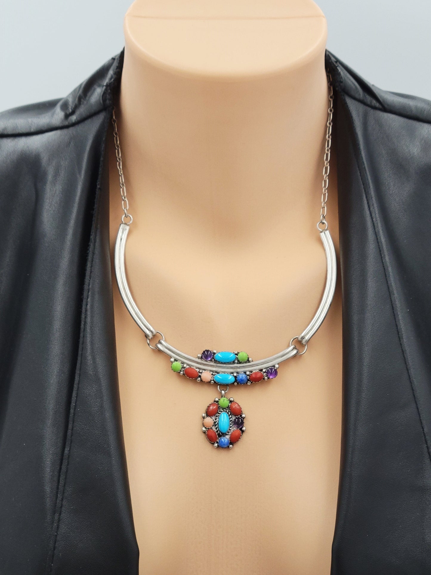 Etsitty Jewelry NAVAJO Elizabeth Etsitty Sterling Multi-Precious Stone Large Statement Necklace