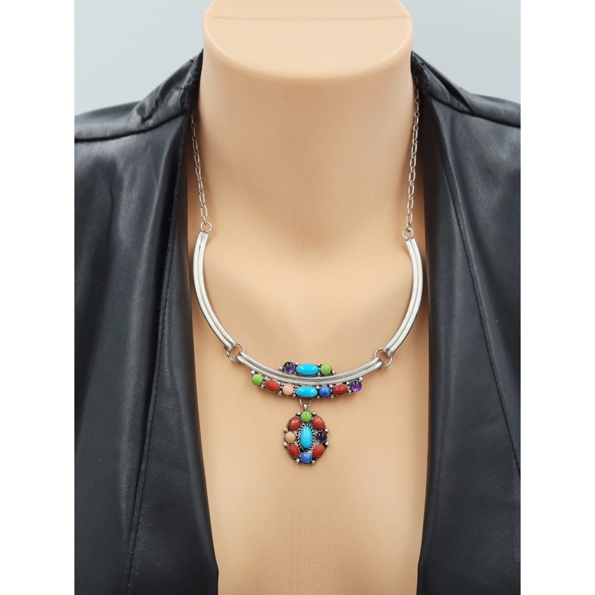 Etsitty Jewelry NAVAJO Elizabeth Etsitty Sterling Multi-Precious Stone Large Statement Necklace