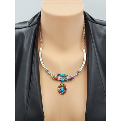 Etsitty Jewelry NAVAJO Elizabeth Etsitty Sterling Multi-Precious Stone Large Statement Necklace
