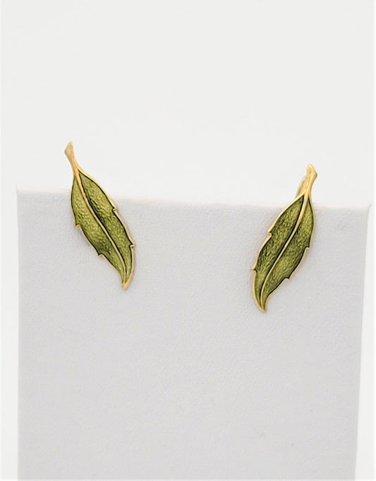 Finn Jensen Jewelry Designer Finn Jensen Norway Sterling Olive Green Enamel Leaf Earrings 1950s