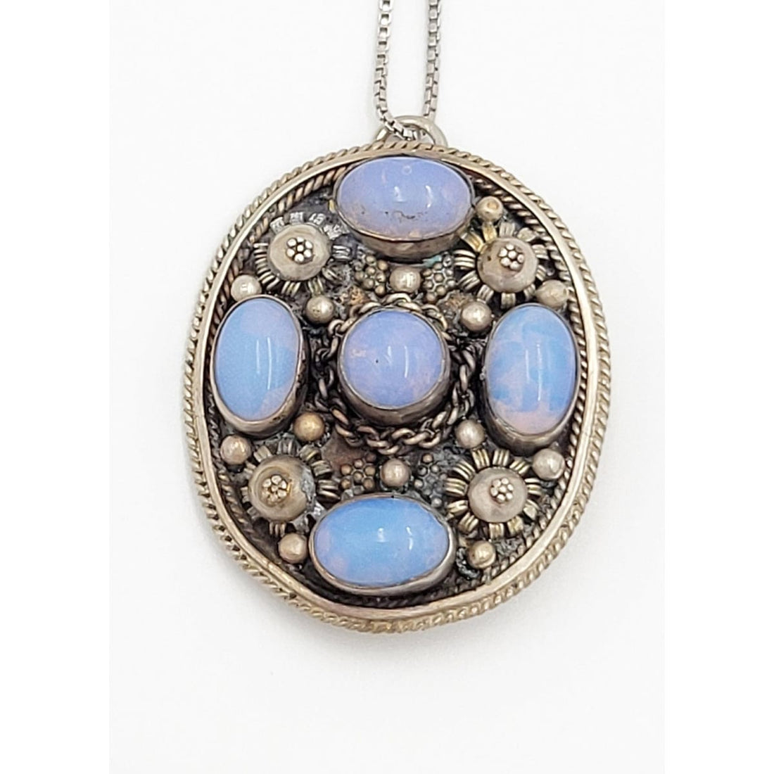 Fire Opals Jewelry Vintage Sterling Silver &amp; Fire Opals Ornate 3 Dimensional Unisex Pendant Necklace