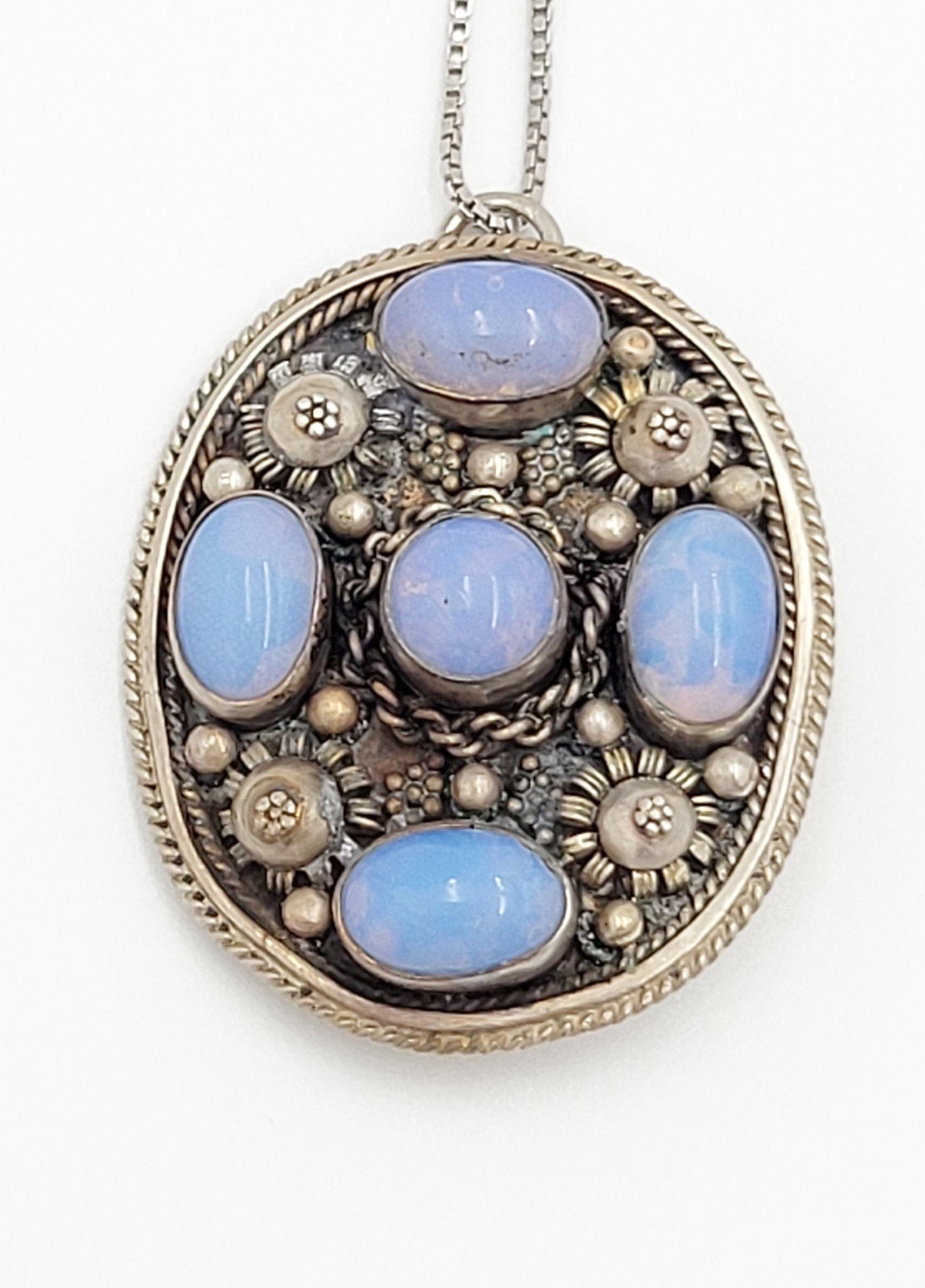 Fire Opals Jewelry Vintage Sterling Silver & Fire Opals Ornate 3 Dimensional Unisex Pendant Necklace