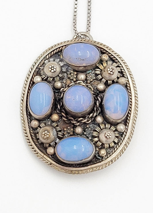 Fire Opals Jewelry Vintage Sterling Silver & Fire Opals Ornate 3 Dimensional Unisex Pendant Necklace