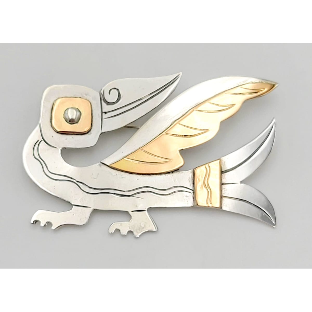 FS Peru Jewelry Peru Artisan Sterling &amp; 18K Gold Inca Sacred Condor Bird Brooch - Signed 1960s