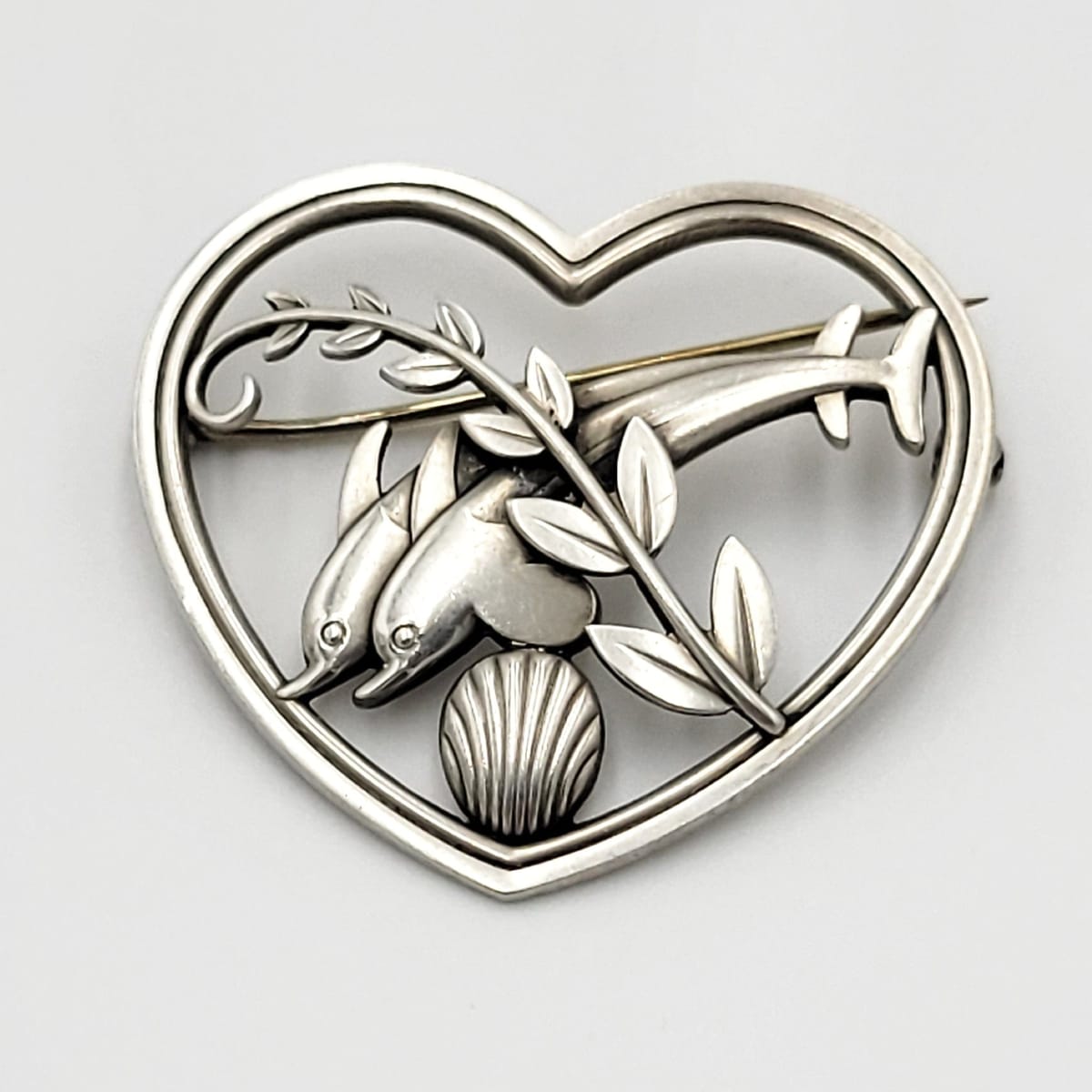 Georg Jensen Jewelry Danish Designer Georg Jensen LARGE Heart Shaped Dolphins Sterling Brooch 