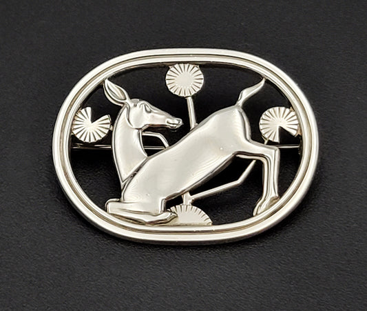 Georg Jensen Jewelry Danish Georg Jensen Sterling Art Deco Kneeling Deer Brooch #256 Circa 1963