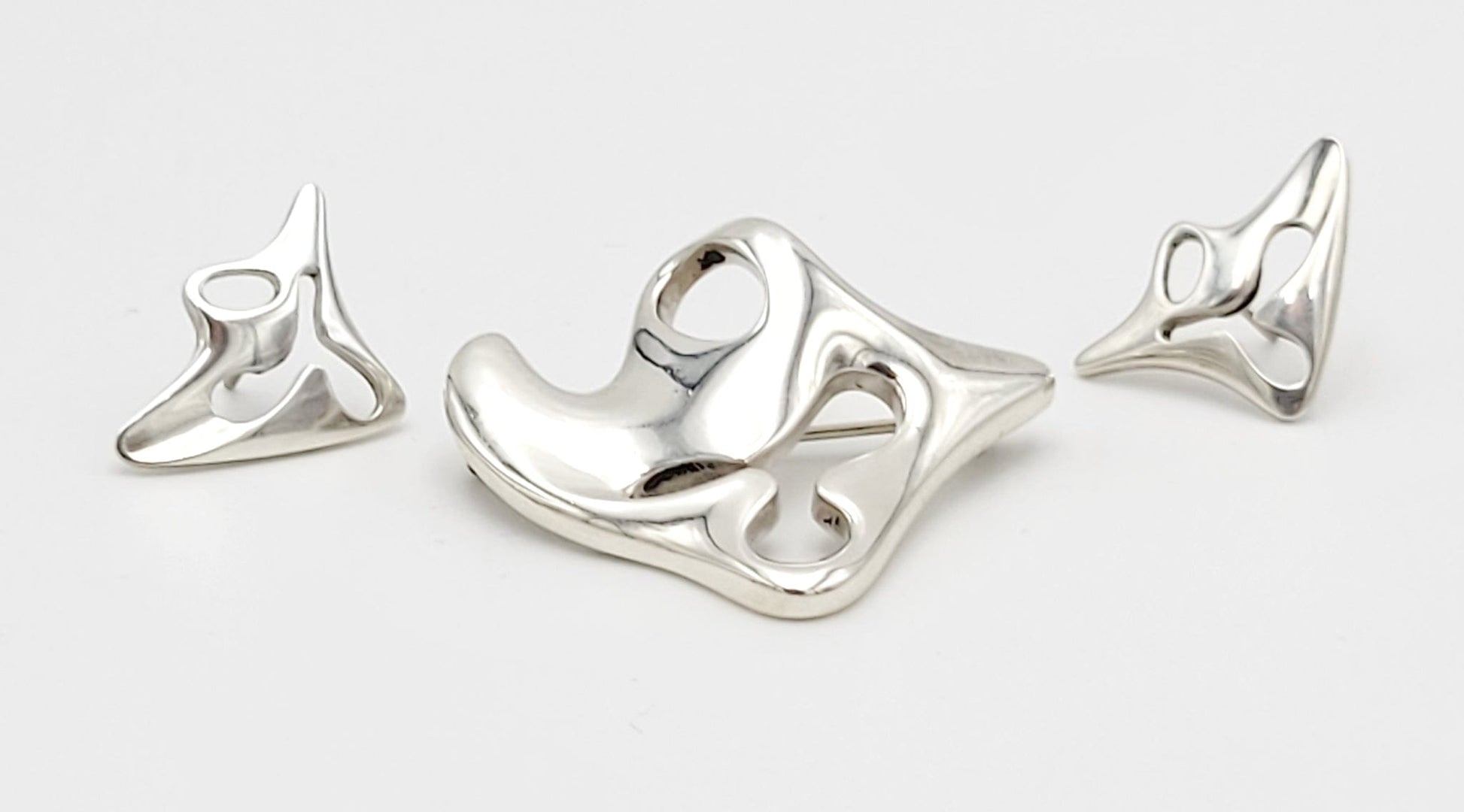 Georg Jensen Jewelry Koppel 4 Georg Jensen Sterling Amoeba Brooch Earrings Demi Parure Set 1950s