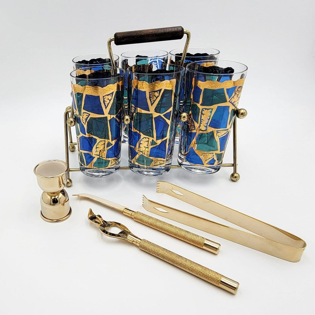 Georges Briard Barware Vintage Designer Georges Briard 22kt Glassware Caddy &amp; Bar Tool Set Circa 1960s