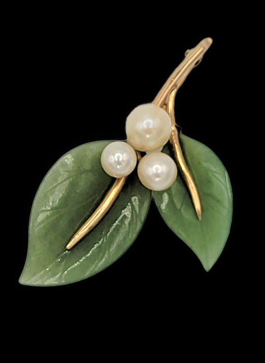 Gump's Jewelry Vintage Gumps 14k Gold Pearl Green Jade Flora Fauna Brooch RARE Mint Condition!