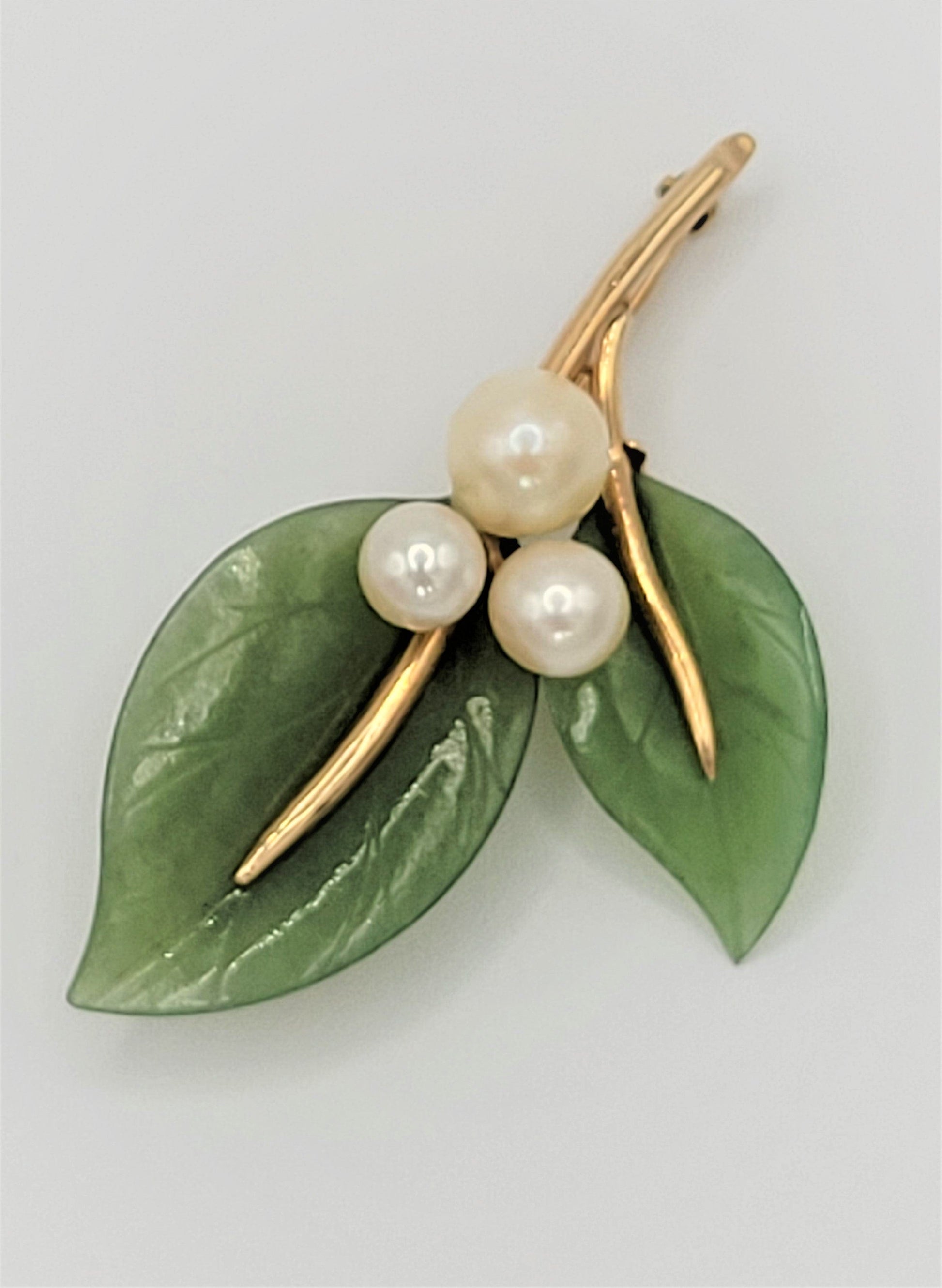 Gump's Jewelry Vintage Gumps 14k Gold Pearl Green Jade Flora Fauna Brooch RARE Mint Condition!