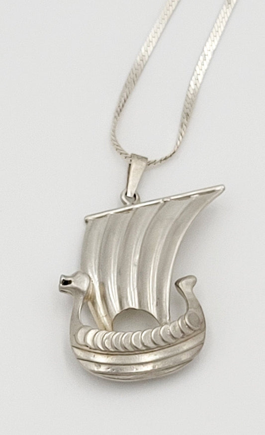 Vintage Danish Hermann Siersbol Sterling Viking Longboat Pendant Necklace 1950s - Trendy MCM Home