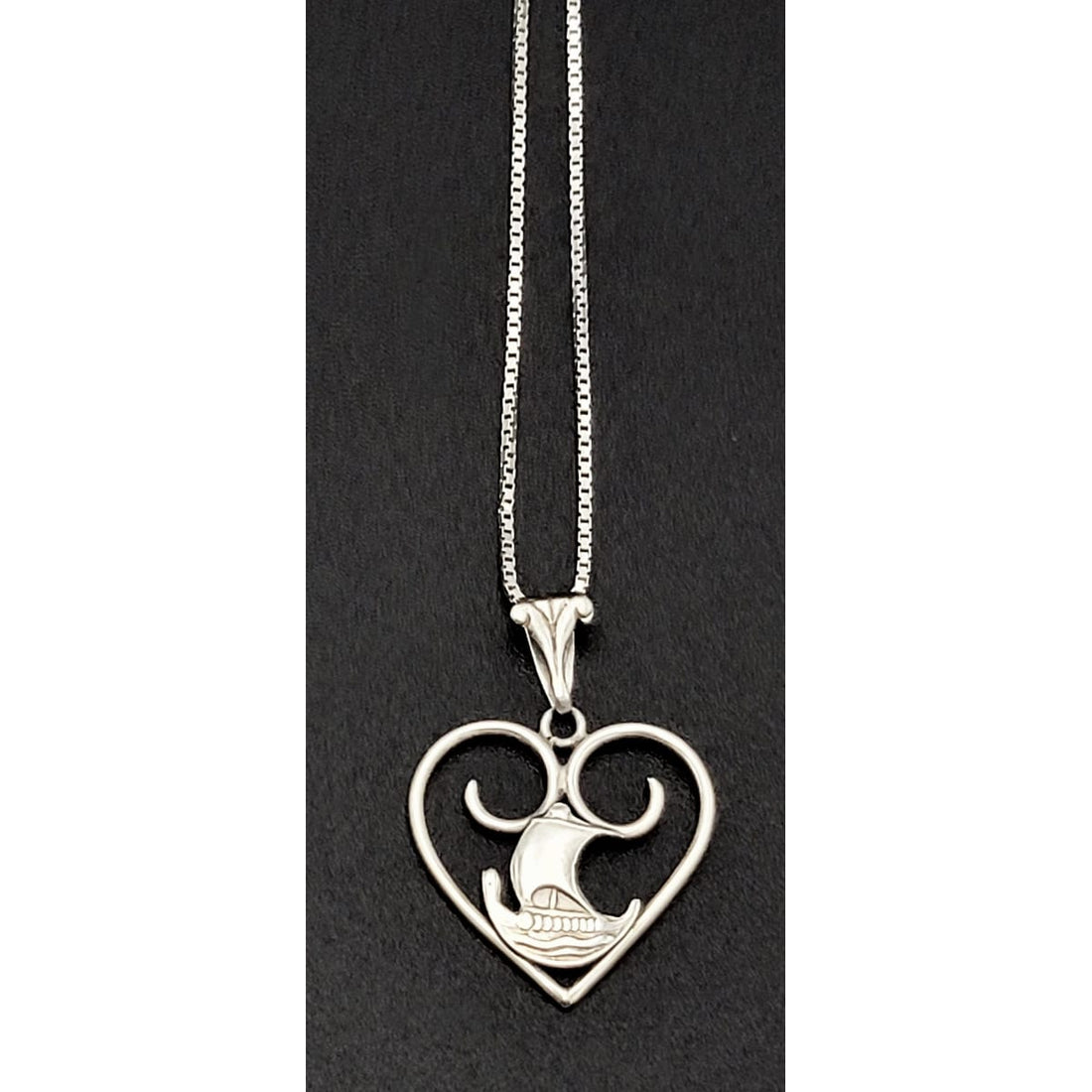 Hingelberg Denmark Jewelry Sterling Viking Longboat Ship inside Heart Pendant Necklace Denmark Signed 1950s