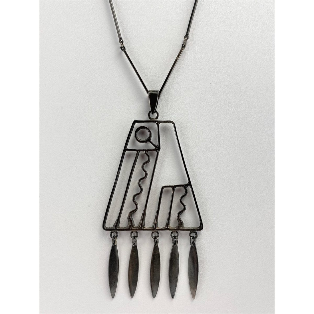 Israel Jewelry Oxidized Sterling Silver Israel Abstract Modernist Pendant Necklace 1960&