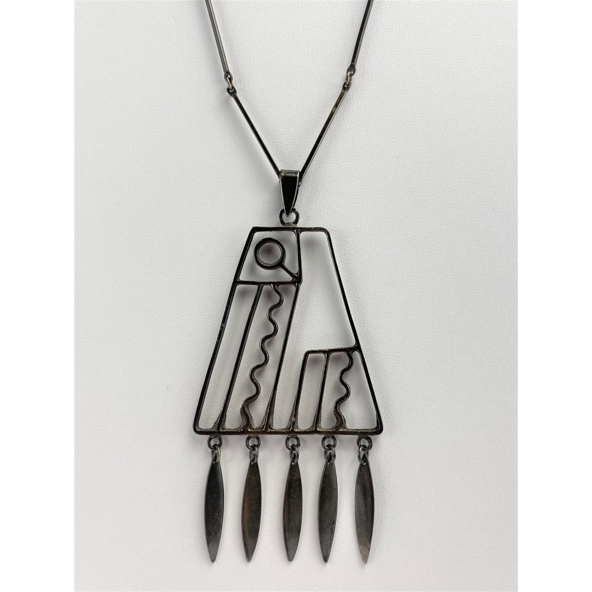 Israel Jewelry Oxidized Sterling Silver Israel Abstract Modernist Pendant Necklace 1960&
